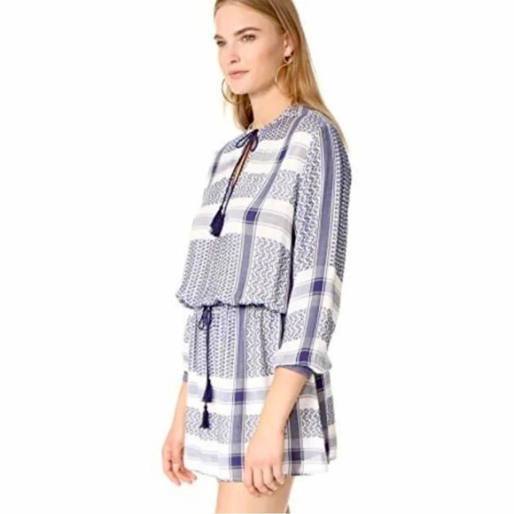 Rails Adelinel Dress Sapphire Jacquard Navy White Tassle Long Sleeve Size M - Picture 2 of 12